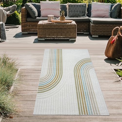 Teppich-Traum Teppich für Flur Wohnzimmer Balkon wetterfest pflegeleicht buntes Linienmuster modern stilvoll Creme bunt 80 x 150 cm von Teppich-Traum