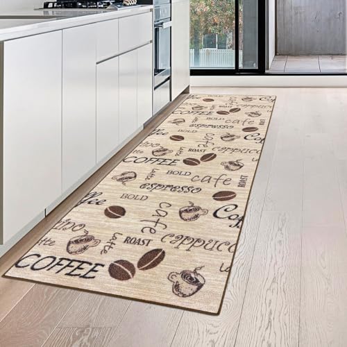 Teppich-Traum Kaffee Küchenläufer beige mit Gelrücken und Schriftzug in braun, 80 x 150 cm von Teppich-Traum