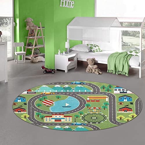 Teppich-Traum Kinder Spielteppich mit Stadtlandschaft auf Wiese in grün Größe 200 cm Rund von Teppich-Traum