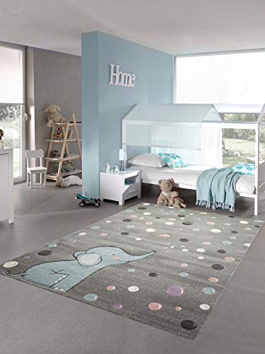 Teppich-Traum Kinderteppich Elefant Kinderzimmerteppich mit Punkten in grau blau Größe 120x170 cm von Teppich-Traum