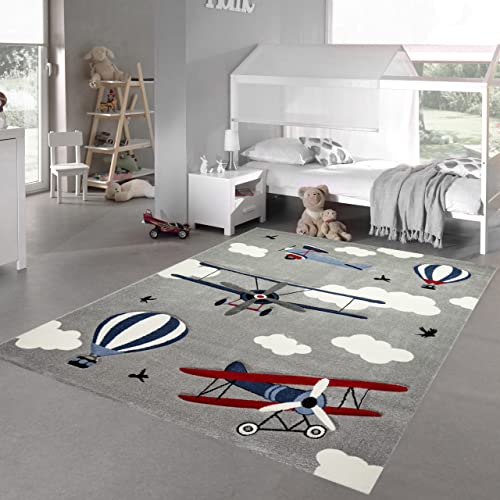 Teppich-Traum Kinderteppich Flugzeuge Lernteppich Heißluftballon in grau blau Creme Größe 200 x 290 cm von Teppich-Traum