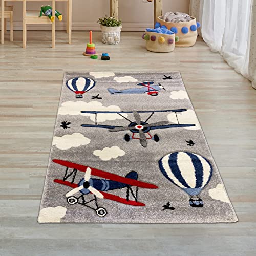 Teppich-Traum Kinderteppich Flugzeuge Lernteppich Heißluftballon in grau blau Creme Größe 80x150 cm von Teppich-Traum