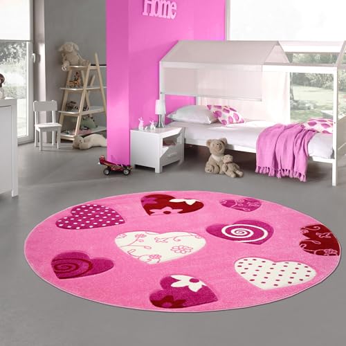 Teppich-Traum Kinderteppich Herzen Kinderzimmerteppich Mädchen in rosa Creme rot Größe 160 cm Rund von Teppich-Traum