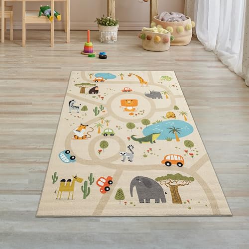 Teppich-Traum Kinderteppich Kinderzimmer Teppich Spielteppich Spielmatte Safari Straßenteppich Läufer rutschfest beige 80 x 150 cm von Teppich-Traum