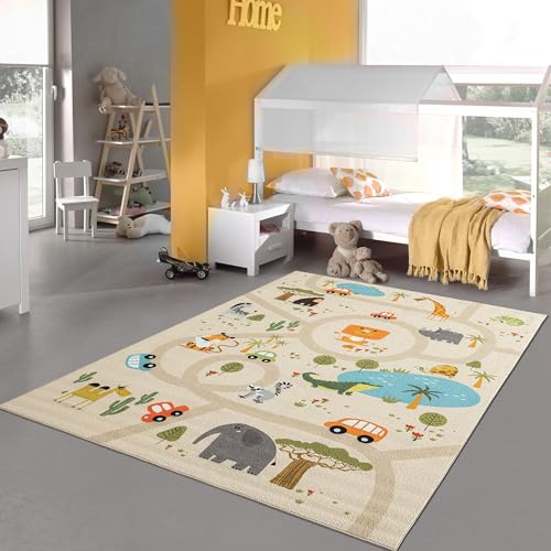 Teppich-Traum Kinderteppich Kinderzimmer Teppich Spielteppich Spielmatte Safari Straßenteppich rutschfest beige Quadratisch 200 x 200 cm von Teppich-Traum
