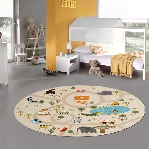 Teppich-Traum Kinderteppich Kinderzimmer Teppich Spielteppich Spielmatte Safari Straßenteppich rutschfest beige Rund 160 cm Durchmesser von Teppich-Traum