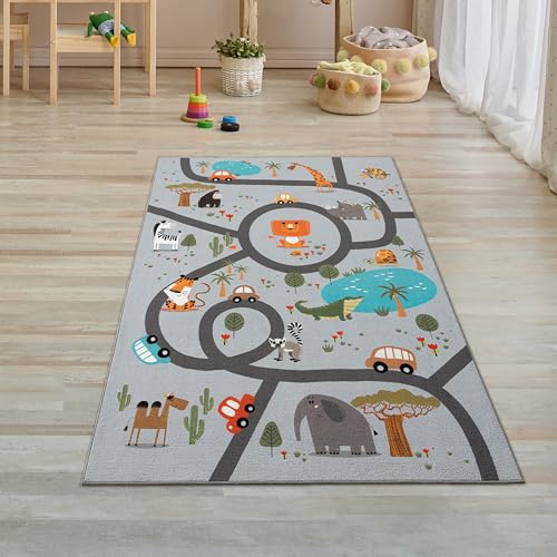 Teppich-Traum Kinderteppich Kinderzimmer Teppich waschbar rutschfest Spielteppich Safari Straßen Autos Tiere Läufer rutschfest grau 80 x 150 cm von Teppich-Traum