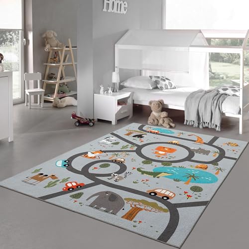 Teppich-Traum Kinderteppich Kinderzimmer Teppich waschbar rutschfest Spielteppich Safari Straßen Autos Tiere rutschfest grau 100 x 200 cm von Teppich-Traum