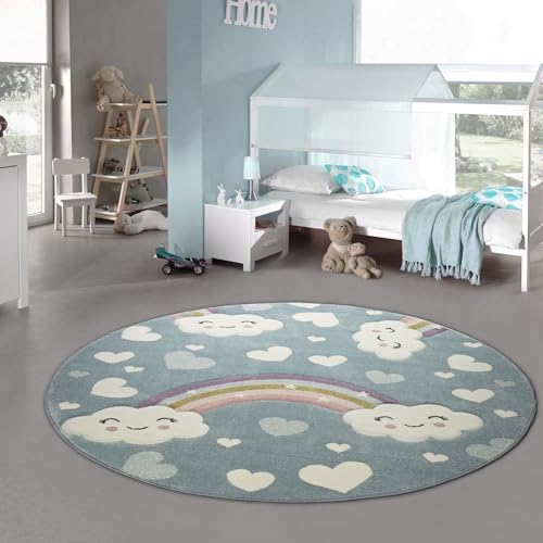 Teppich-Traum Kinderteppich Kinderzimmerteppich Regenbogen mit Wolken und Herzen in blau Größe 160 cm Rund von Teppich-Traum