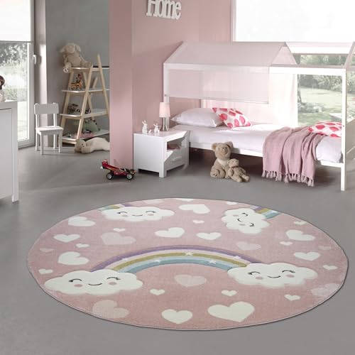 Teppich-Traum Kinderteppich Kinderzimmerteppich Regenbogen mit Wolken und Herzen in rosa Größe 120 cm Rund von Teppich-Traum