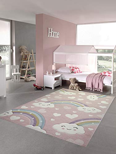 Teppich-Traum Kinderteppich Kinderzimmerteppich Regenbogen mit Wolken und Herzen in rosa Größe 160x230 cm von Teppich-Traum