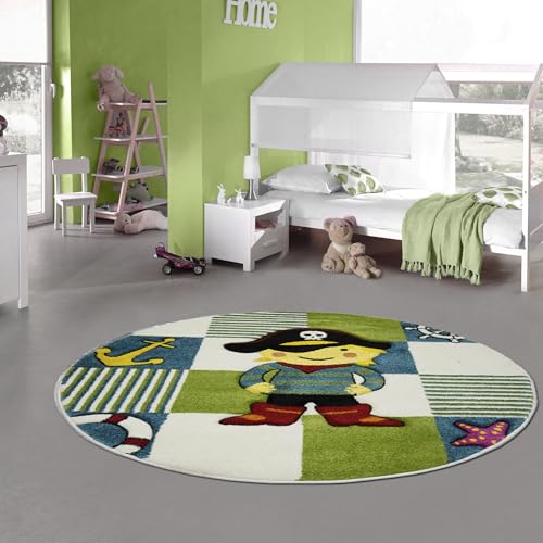 Teppich-Traum Kinderteppich Spielteppich Kinderzimmerteppich Pirat in türkis grün Creme Größe 120 cm Rund von Teppich-Traum