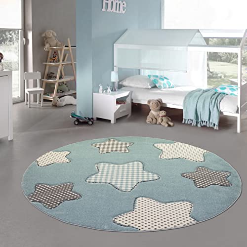 Teppich-Traum Kinderteppich Sterne Kinderzimmerteppich Junge in blau Creme grau Größe 120 cm Rund von Teppich-Traum