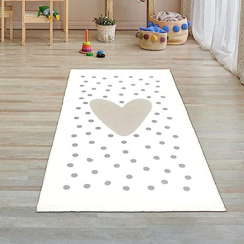 Teppich-Traum Kinderteppich Teppichläufer Spielteppich Herzen Punkten weich pflegeleicht in Creme, grau 80 x 150 cm von Teppich-Traum