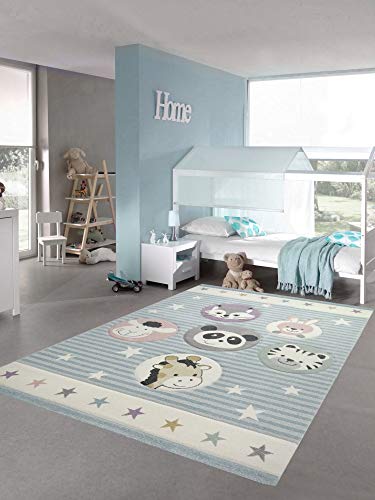 Teppich-Traum Kinderteppich Tiere Kinderzimmerteppich Zoo Tiere in blau Creme Größe 200 x 290 cm von Teppich-Traum