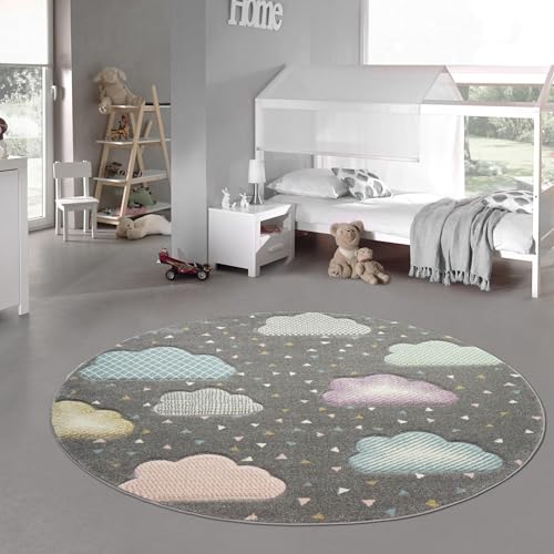 Teppich-Traum Kinderteppich Wolke Kinderzimmerteppich in grau blau rosa Größe 160 cm Rund von Teppich-Traum
