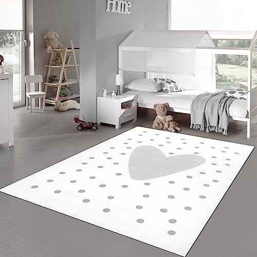 Teppich-Traum Kinderteppich groß Hochflor Herzen Punkten weich pflegeleicht in Creme, grau 160 x 230 cm von Teppich-Traum