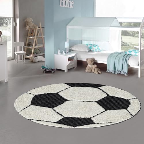 Teppich-Traum Kinderteppich rund Fußball 3D-Effekt schwarz weiß weich Kinderfreundlich, 80 cm Rund von Teppich-Traum