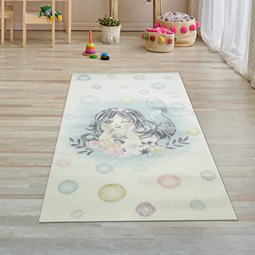 Teppich-Traum Kinderzimmer Spielteppich Vorleger • pflegeleicht • Meerjungfrau Blumen Seifenblasen Creme türkis, Größe 80x150 cm von Teppich-Traum