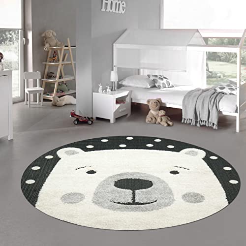 Teppich-Traum Kinderzimmer Teppich Baby Spielteppich 3D Optik High Low Effekt Eisbär Creme grau schwarz, 160 cm rund von Teppich-Traum