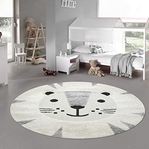 Teppich-Traum Kinderzimmer Teppich Baby Spielteppich 3D Optik High Low Effekt Katzenmotiv Creme grau weiß, 80 cm rund von Teppich-Traum