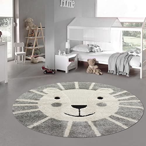 Teppich-Traum Kinderzimmer Teppich Baby Spielteppich 3D Optik High Low Effekt Löwe Creme grau weiß 120 cm rund von Teppich-Traum