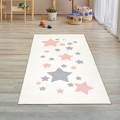 Teppich-Traum Kinderzimmer Teppich Babyteppich Läufer klein Sterne Mädchen Hochflor flauschig weich kuschelig Creme rosa grau 80x150 cm von Teppich-Traum