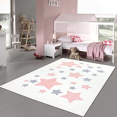 Teppich-Traum Kinderzimmer Teppich Babyteppich Sterne Mädchen Hochflor flauschig weich kuschelig Creme rosa grau 120x170 cm von Teppich-Traum