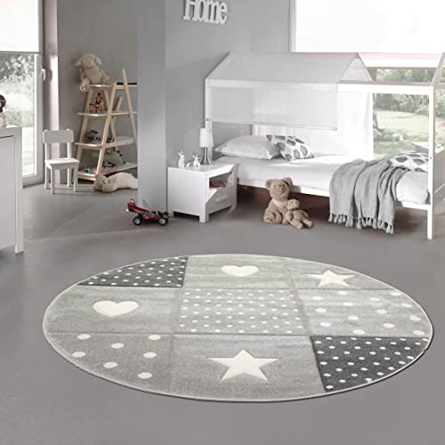 Teppich-Traum Kinderzimmer Teppich Spiel & Baby Teppich Herz Stern Punkte Design Creme Schwarz Grau Größe 160 cm rund von Teppich-Traum