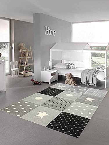 Teppich-Traum Kinderzimmer Teppich Spiel & Baby Teppich Herz Stern Punkte Design Creme Schwarz Grau Größe 80x150 cm von Teppich-Traum