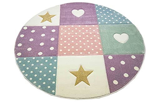 Teppich-Traum Kinderzimmer Teppich Spiel & Baby Teppich Herz Stern Punkte Design Grün Creme Rosa Blau Größe 160 cm rund von Teppich-Traum