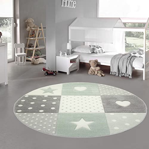 Teppich-Traum Kinderzimmer Teppich Spiel & Baby Teppich Herz Stern Punkte Design Grün Grau Creme Größe 160 cm rund von Teppich-Traum