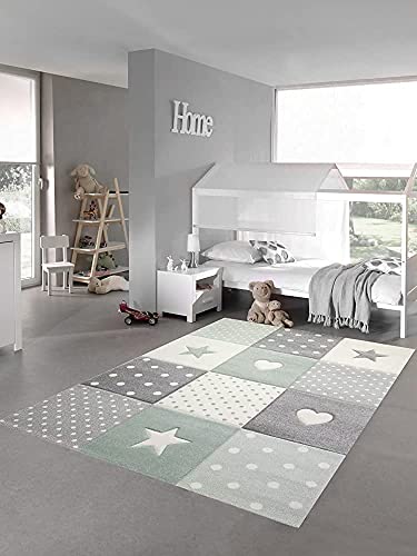 Teppich-Traum Kinderzimmer Teppich Spiel & Baby Teppich Herz Stern Punkte Design Grün Grau Creme Größe 80x150 cm von Teppich-Traum