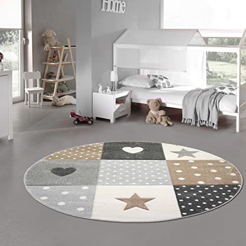 Teppich-Traum Kinderzimmer Teppich Spiel & Baby Teppich Herz Stern Punkte Design in Braun Beige Grau Größe 120 cm rund von Teppich-Traum