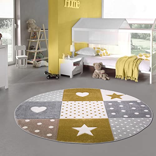 Teppich-Traum Kinderzimmer Teppich Spiel & Baby Teppich Herz Stern Punkte Design in Gold Creme Weiß Grau Größe 120 cm rund von Teppich-Traum