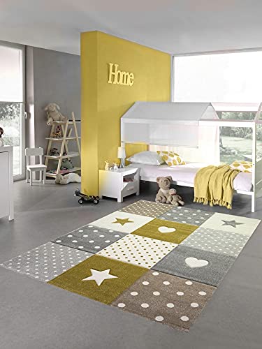Teppich-Traum Kinderzimmer Teppich Spiel & Baby Teppich Herz Stern Punkte Design in Gold Creme Weiß Grau Größe 140x200 cm von Teppich-Traum