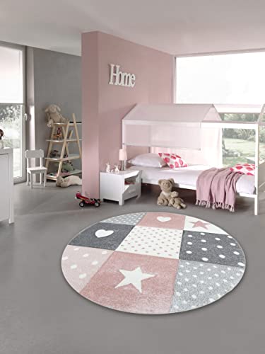 Teppich-Traum Kinderzimmer Teppich Spiel & Baby Teppich Herz Stern Punkte Design in Rosa Weiß Grau Größe 160 cm rund von Teppich-Traum