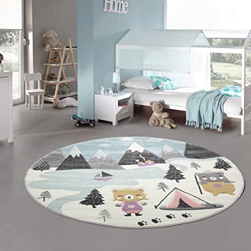 Teppich-Traum Kinderzimmer Teppich Spielteppich Bären Zelt Berge Camping Wohnwagen Tannen Fluss Creme pink grau, Größe 120 cm rund von Teppich-Traum