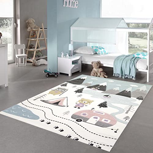 Teppich-Traum Kinderzimmer Teppich Spielteppich Bären Zelt Berge Camping Wohnwagen Tannen Fluss Creme pink grau, Größe 160x230 cm von Teppich-Traum