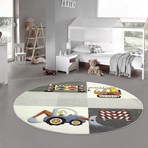 Teppich-Traum Kinderzimmer Teppich Spielteppich Baustelle Kran Bagger Straßenschilder grau Creme gelb, Größe 160 cm rund von Teppich-Traum