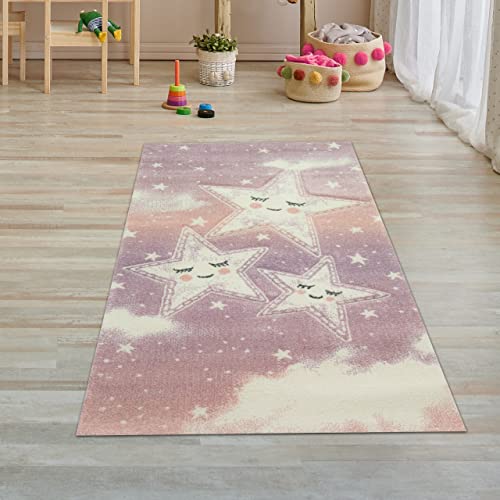Teppich-Traum Kinderzimmer Teppich Spielteppich Himmel Wolken Sterne Design rosa Creme Größe 80x150 cm von Teppich-Traum