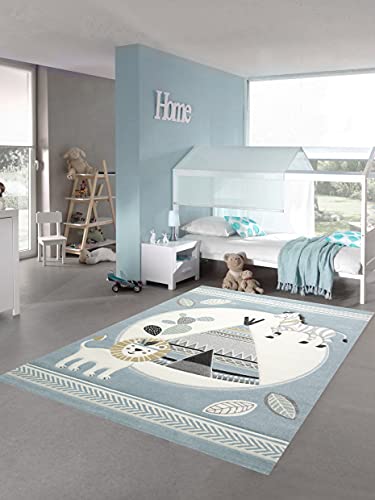 Teppich-Traum Kinderzimmer Teppich Spielteppich Indianer Zelt Löwe Zebra Kaktus blau Creme grau Größe 140x200 cm von Teppich-Traum