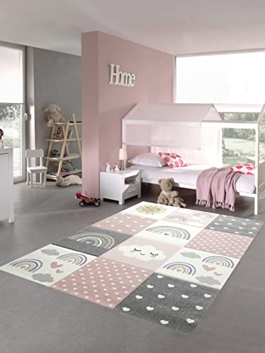 Teppich-Traum Kinderzimmer Teppich Spielteppich Regenbogen Herzchen Wolken rosa Creme grau Größe 140x200 cm von Teppich-Traum