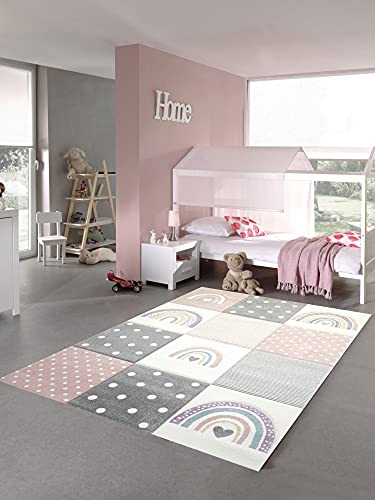 Teppich-Traum Kinderzimmer Teppich Spielteppich Regenbogen Punkte Herzchen rosa grau Creme Größe 160x230 cm von Teppich-Traum