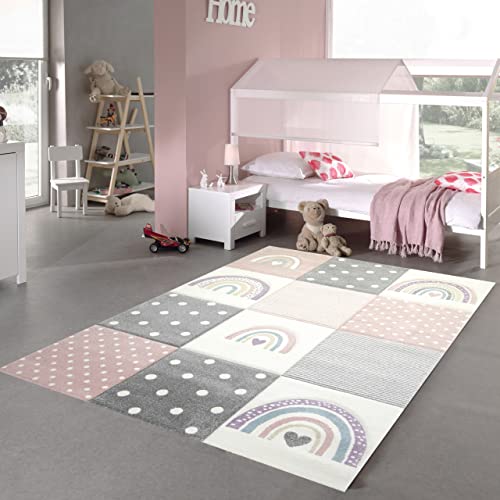Teppich-Traum Kinderzimmer Teppich Spielteppich Regenbogen Punkte Herzchen rosa grau Creme Größe 200 x 290 cm von Teppich-Traum