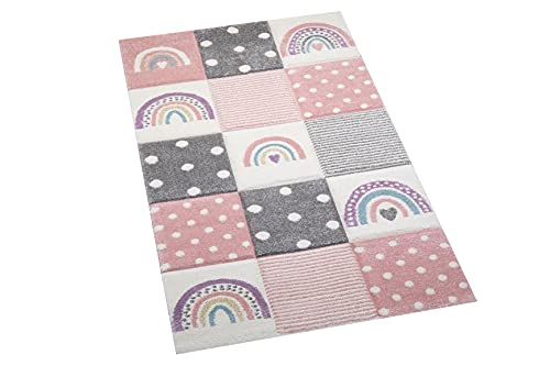 Teppich-Traum Kinderzimmer Teppich Spielteppich Regenbogen Punkte Herzchen rosa grau Creme Größe 80x150 cm von Teppich-Traum