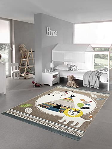 Teppich-Traum Kinderzimmer Teppich Spielteppich Zelt Löwe Zebra Kaktus beige blau Creme braun Größe 120x170 cm von Teppich-Traum