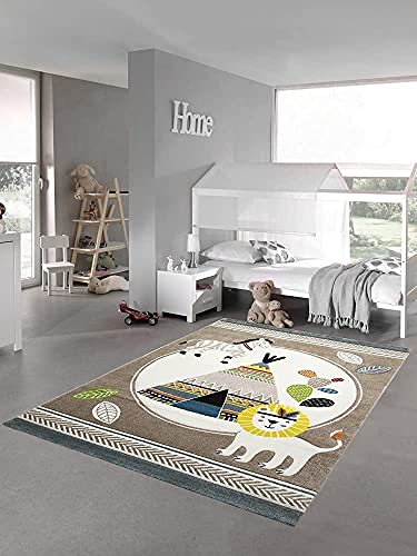 Teppich-Traum Kinderzimmer Teppich Spielteppich Zelt Löwe Zebra Kaktus beige blau Creme braun Größe 80x150 cm von Teppich-Traum