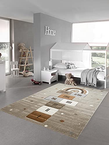 Teppich-Traum Kinderzimmer Teppich Spielteppich mit Sternen Hüpfspiel Himmel & Hölle Herz Regenbogen beige braun grau Größe 200 x 290 cm von Teppich-Traum