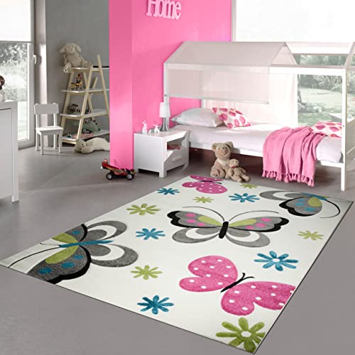 Teppich-Traum Kinderzimmer-Teppich mit Schmetterlingen | Hautsympathisch | Creme pink, 200 x 290 cm von Teppich-Traum